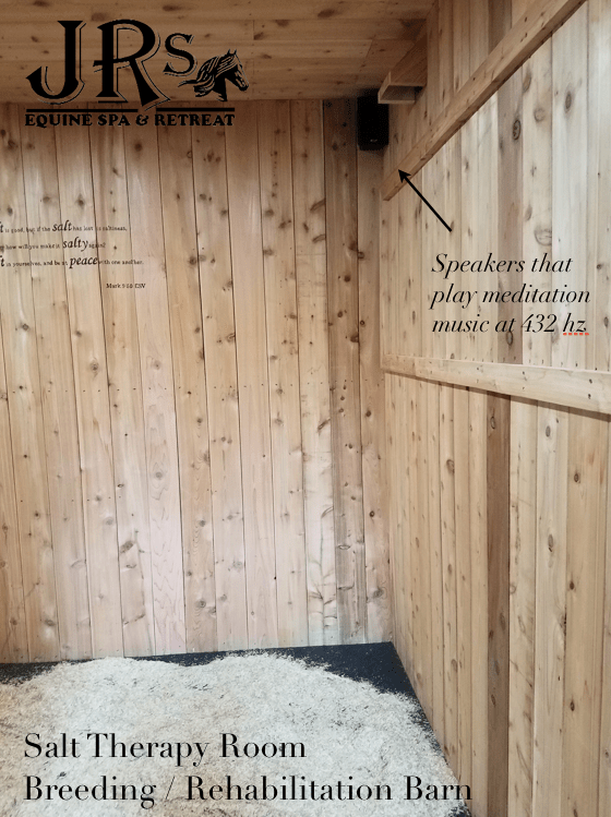 A Wooden Equine Salt Therapy Room With Speakers That Play Meditation Music, Located At Jr'S Equine Spa And Retreat In Pleasant Hope, Missouri