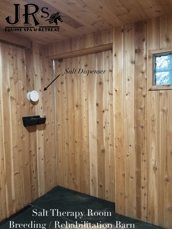 A Wooden Equine Salt Therapy Room With A Salt Dispenser, Located At Jr'S Equine Spa And Retreat In Pleasant Hope, Missouri