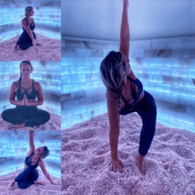 Salt &Amp; Sweat. Collage Of Four Photos Including A Woman In 4 Different Yoga Positions.