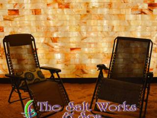 The Salt Works And Spa. 2 Lounge Chairs Next To Each Other In Salt Room. Text Over Image Reads &Quot; The Salt Works &Amp; Spa Halotherapy - Wellness - Beauty&Quot;