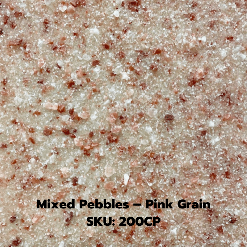 Himalayan salt panel that has the saying "Mixed Pebbles - Pink Grain SKU:200CP" at the bottom.