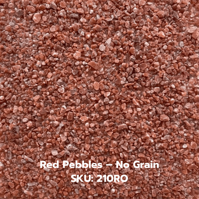 Words that say "Red Pebbles - No Grain SKU:210RO" at the bottom of a Himalayan salt stone panel.