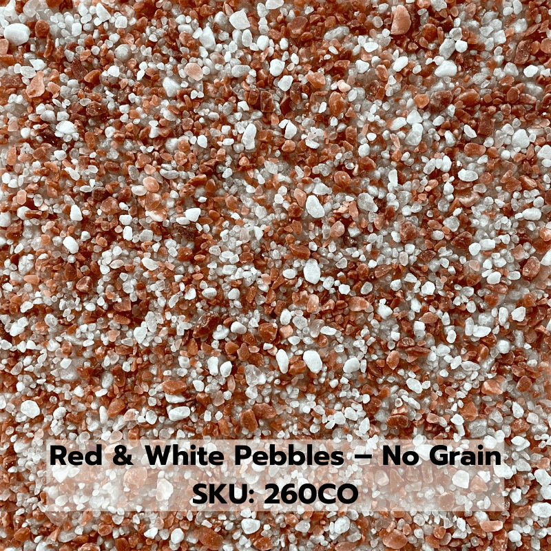 Himalayan salt panel with the description "Red & White Pebbles - No Grain SKU: 260CO" at the bottom.