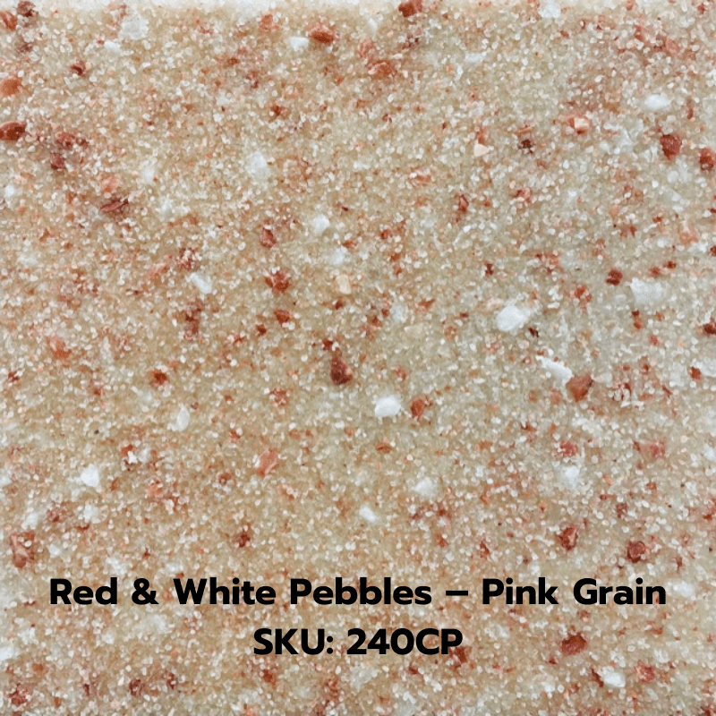 A Himalayan salt panel with the description "Red & White Pebbles - Pink Grain SKU:240CP" at the bottom.