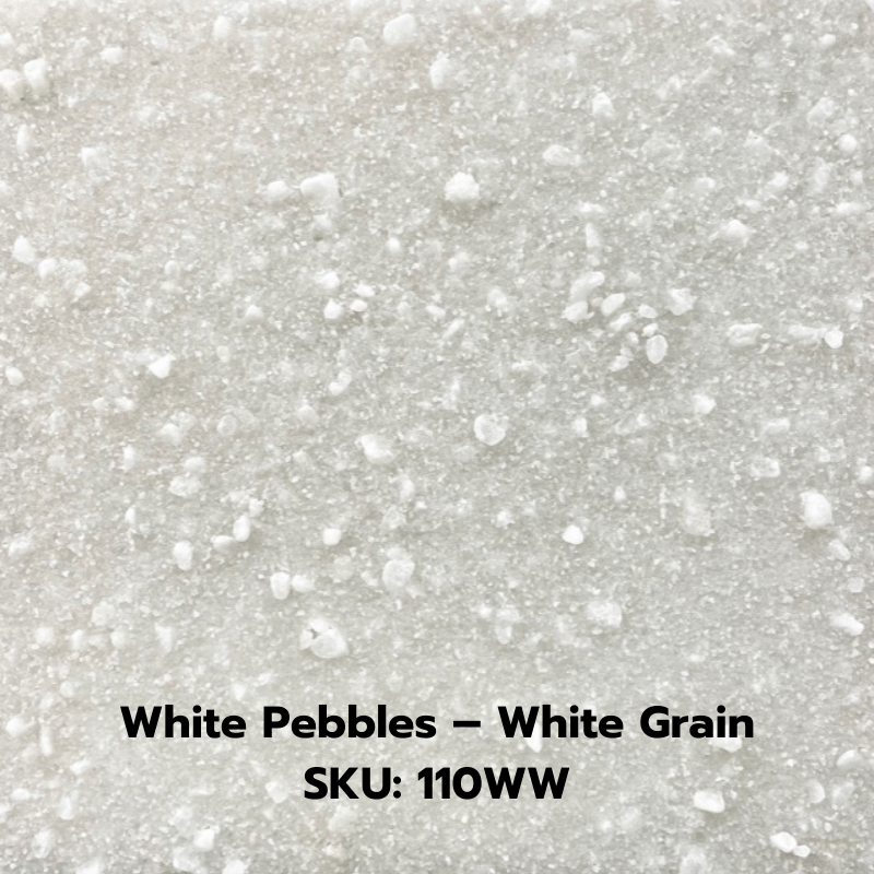 White Himalayan salt panel with words saying "Whtite Pebbels - White Grain SKU:110WW" on the bottom.