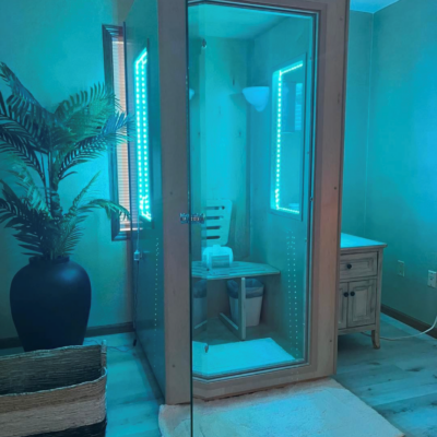 The SALT Booth® FleX used for 10-minute salt therapy sessions at Beyond Salt Spa in Janesville, Wisconsin.