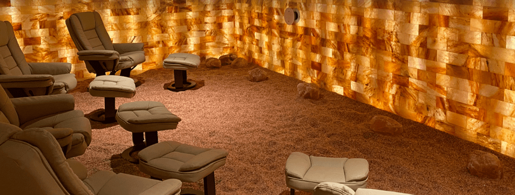 Kalahari Resort. 5 brown lounge chairs in salt room