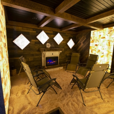 The Salt Room At Tyler’s Redemption Place (The Salt Cave At The Cabin) In Akron, Ohio With Himalayan Salt Bricks And Custom Himalayan Salt Panels On The Walls For Salt Décor.
