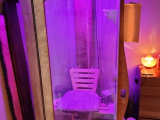 An Exterior View Of A Salt Booth With A Purple Light Overhead And Containers Of Halosalt On The Floor Beside It.