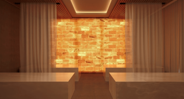 Salt room at Solaia Condominiums in North Bergen, New Jersey with a Himalayan salt wall for décor